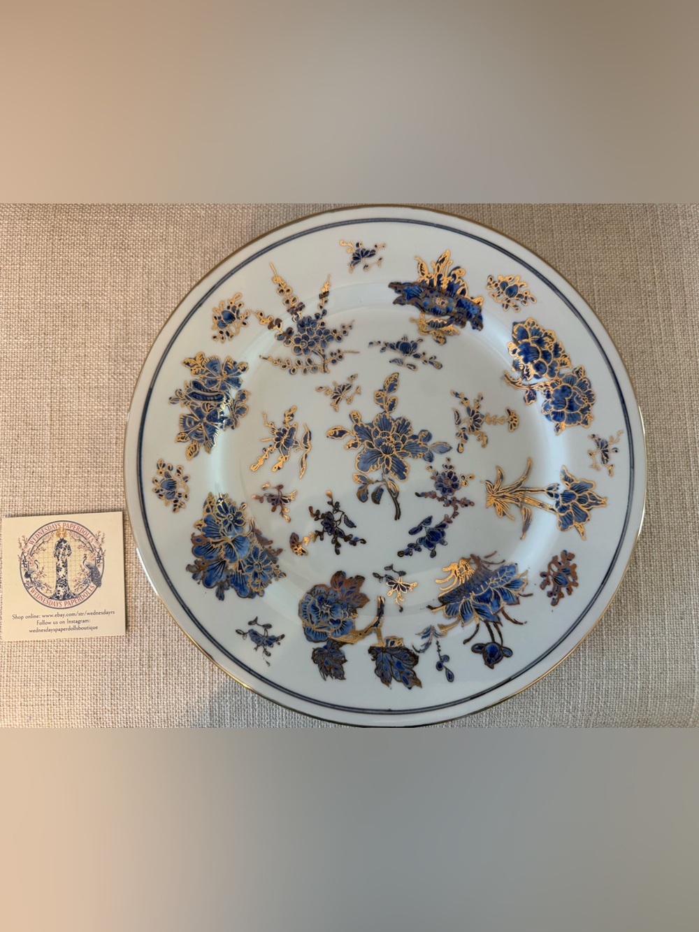 VTG  Chinese Hand Painted 10”Plate Blue & Gold Guilded Floral Qainlong Mark